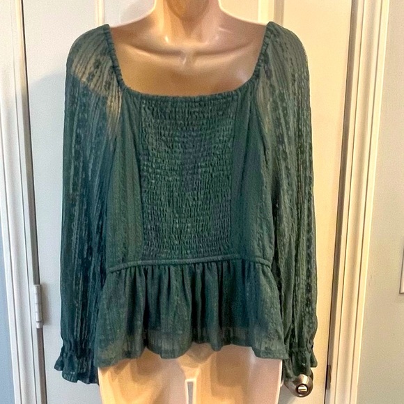 EUC! LC Lauren Conrad Teal Lace puffy sleeve Smocked Peplum Blouse XL - Picture 9 of 15